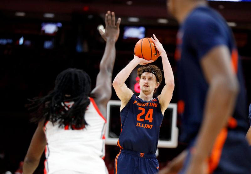 Feb 26, 2023; Columbus, Ohio, USA;  Illinois Fighting Illini forward Matthew Mayer (24) takes the three point shot as Ohio State Buckeyes guard Isaac Likekele (13) defends during the first half at Value City Arena. Mandatory Credit: Joseph Maiorana-USA TODAY Sports