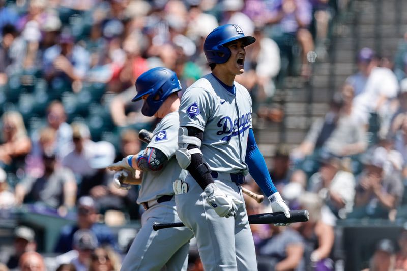 Jun 20, 2024; Denver, Colorado, USA; Los Angeles Dodgers designated hitter Shohei Ohtani (17) reacts after striking out in the fourth inning against the Colorado Rockies at Coors Field. Mandatory Credit: Isaiah J. Downing-USA TODAY Sports