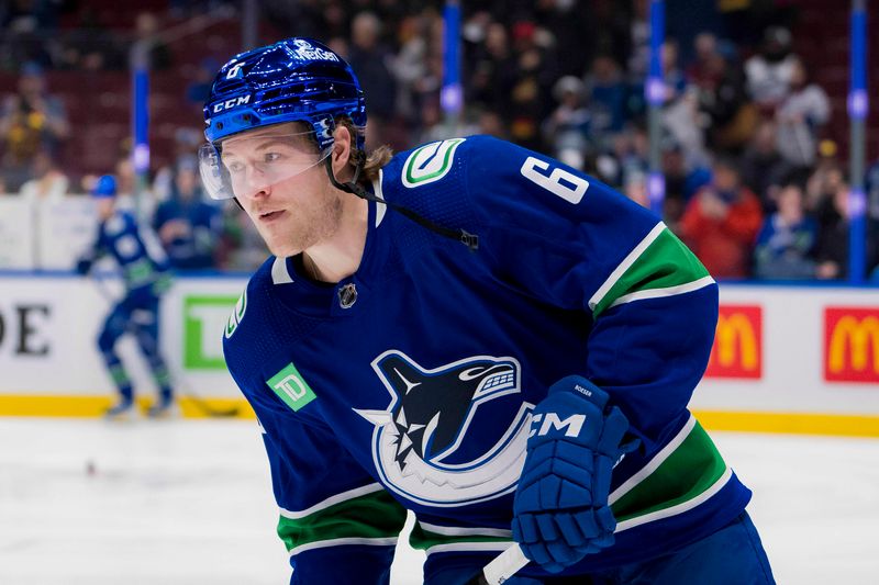 Jan 24, 2024; Vancouver, British Columbia, CAN; Vancouver Canucks forward Brock Boeser (6) skates during warm up prior to a game against the St. Louis Blues at Rogers Arena.  Mandatory Credit: Bob Frid-USA TODAY Sports