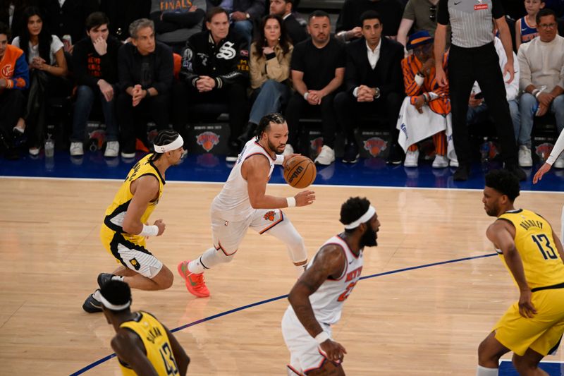 NEW YORK, NY - MAY 29: Jalen Brunson #11 of the New York Knicks dribbles the ball during the game against the Indiana Pacers during Game 5 of the 2025 Eastern Conference Finals on May 29, 2025 at Madison Square Garden in New York City, New York.  NOTE TO USER: User expressly acknowledges and agrees that, by downloading and or using this photograph, User is consenting to the terms and conditions of the Getty Images License Agreement. Mandatory Copyright Notice: Copyright 2025 NBAE  (Photo by David Dow/NBAE via Getty Images)