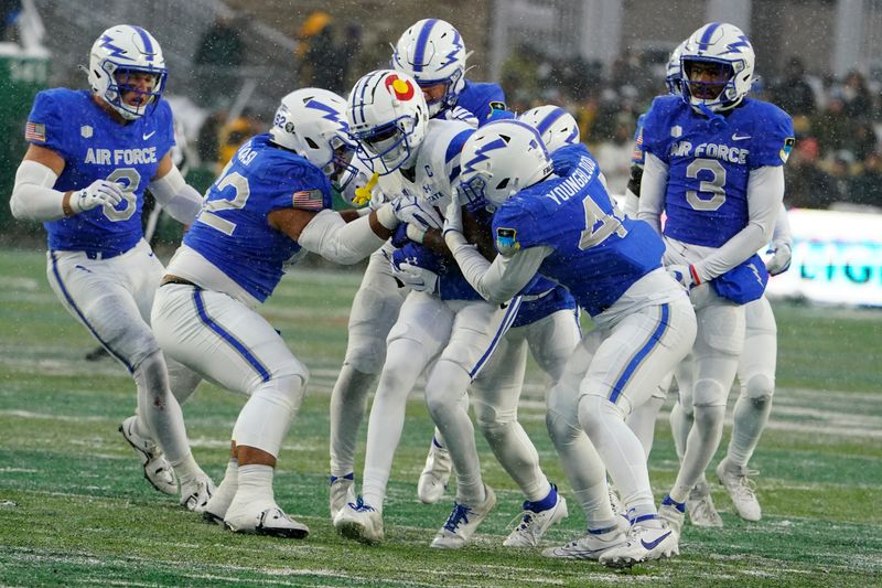 Oct 28, 2023; Fort Collins, Colorado, USA;  Colorado State Rams wide receiver Tory Horton (14) is surrounded by a hots of Air Force Falcons defenders at Sonny Lubick Field at Canvas Stadium. Mandatory Credit: Michael Madrid-USA TODAY Sports