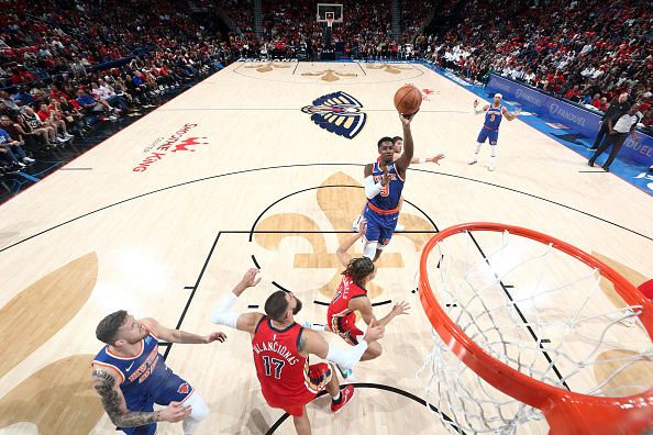 NEW ORLEANS, LA - OCTOBER 28: RJ Barrett #9 of the New York Knicks shoots the ball during the game against the New Orleans Pelicans on October 28, 2023 at the Smoothie King Center in New Orleans, Louisiana. NOTE TO USER: User expressly acknowledges and agrees that, by downloading and or using this Photograph, user is consenting to the terms and conditions of the Getty Images License Agreement. Mandatory Copyright Notice: Copyright 2023 NBAE (Photo by Layne Murdoch Jr./NBAE via Getty Images)