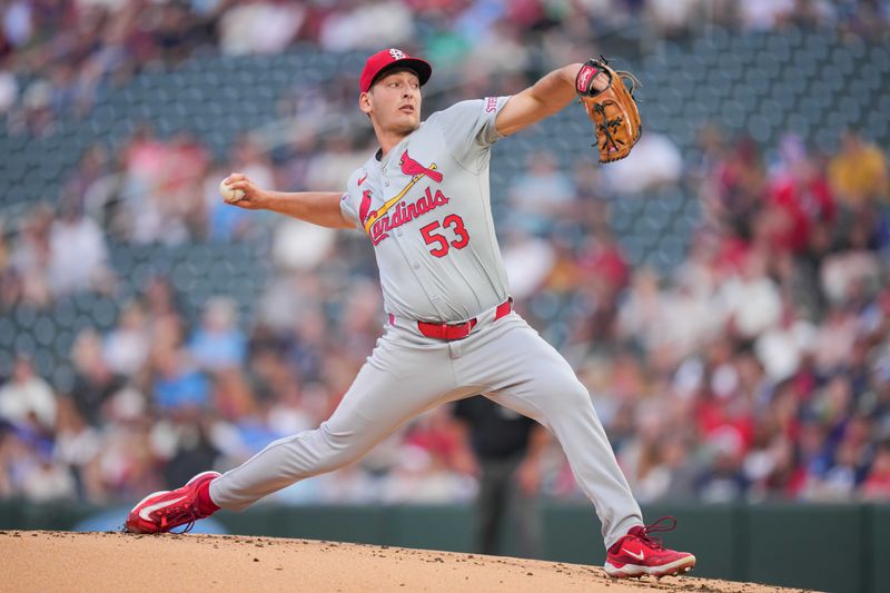 Aug 23, 2024; Minneapolis, Minnesota, USA; St. Louis Cardinals pitcher Andre Pallante (53) against the Minnesota Twins in the first inning at Target Field. Mandatory Credit: Brad Rempel-USA TODAY Sports