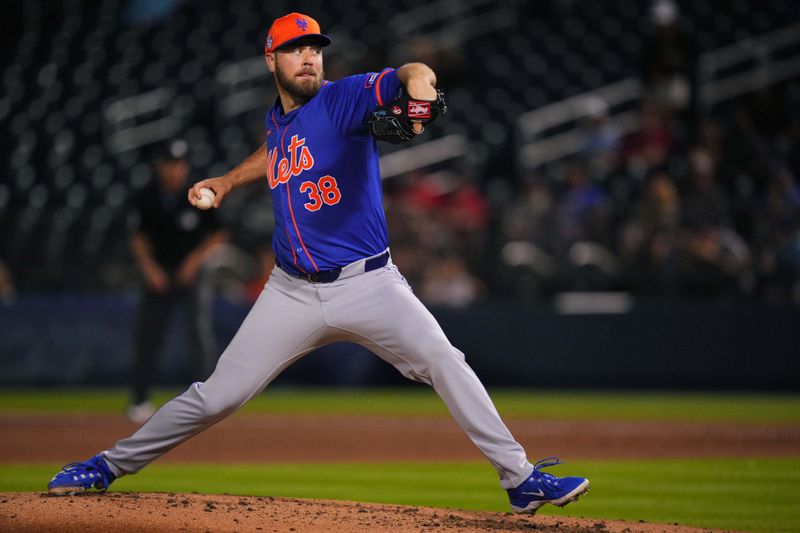 Feb 29, 2024; West Palm Beach, Florida, USA;  New York Mets pitcher Tylor Megill (38) pitches in the fourth inning against the Houston Astros at The Ballpark of the Palm Beaches. Mandatory Credit: Jim Rassol-USA TODAY Sports