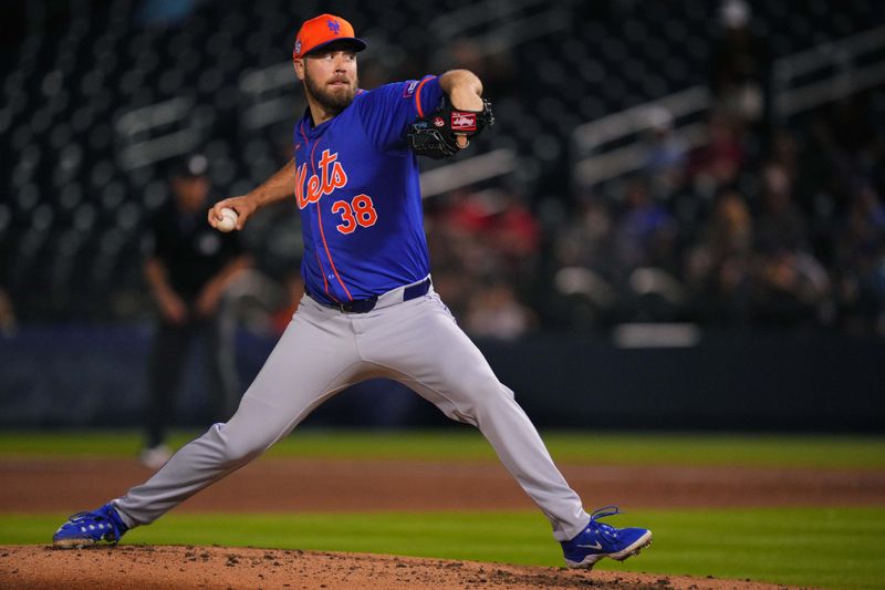 Feb 29, 2024; West Palm Beach, Florida, USA;  New York Mets pitcher Tylor Megill (38) pitches in the fourth inning against the Houston Astros at The Ballpark of the Palm Beaches. Mandatory Credit: Jim Rassol-USA TODAY Sports