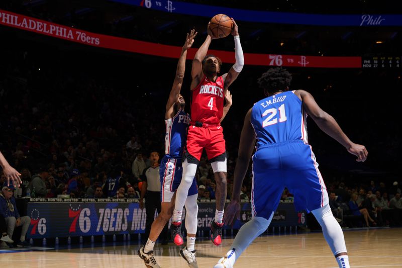 PHILADELPHIA, PA - FEBRUARY 13: Jalen Green #4 of the Houston Rockets shoots the ball during the game against the Philadelphia 76ers n February 13, 2023 at the Wells Fargo Center in Philadelphia, Pennsylvania NOTE TO USER: User expressly acknowledges and agrees that, by downloading and/or using this Photograph, user is consenting to the terms and conditions of the Getty Images License Agreement. Mandatory Copyright Notice: Copyright 2023 NBAE (Photo by Jesse D. Garrabrant/NBAE via Getty Images)