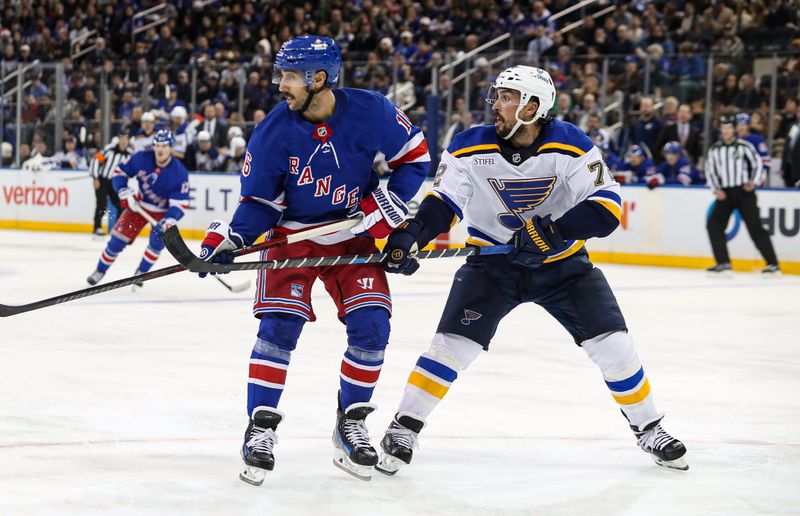 Nov 25, 2024; New York, New York, USA; New York Rangers center Vincent Trocheck (16) and St. Louis Blues defenseman Justin Faulk (72) battle for position during the second period at Madison Square Garden. Mandatory Credit: Danny Wild-Imagn Images