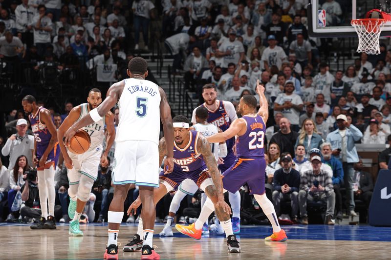 MINNEAPOLIS, MN -  APRIL 23: Bradley Beal #3 of the Phoenix Suns plays defense during the game against the Minnesota Timberwolves during Round 1 Game 2 of the 2024 NBA Playoffs on April 23, 2024 at Target Center in Minneapolis, Minnesota. NOTE TO USER: User expressly acknowledges and agrees that, by downloading and or using this Photograph, user is consenting to the terms and conditions of the Getty Images License Agreement. Mandatory Copyright Notice: Copyright 2024 NBAE (Photo by David Sherman/NBAE via Getty Images)