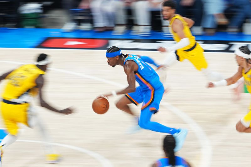 OKLAHOMA CITY, OK - JUNE 5: Shai Gilgeous-Alexander #2 of the Oklahoma City Thunder drives to the basket during the game against the Indiana Pacers during Game Two of the 2025 NBA Finals on June 5, 2025 at Paycom Center in Oklahoma City, Oklahoma. NOTE TO USER: User expressly acknowledges and agrees that, by downloading and or using this photograph, User is consenting to the terms and conditions of the Getty Images License Agreement. Mandatory Copyright Notice: Copyright 2025 NBAE (Photo by Morgan Givens/NBAE via Getty Images)