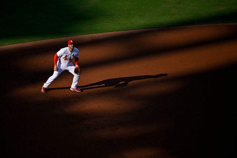 Aug 16, 2023; St. Louis, Missouri, USA;  St. Louis Cardinals third baseman Nolan Arenado (28) fields a against the Oakland Athletics during the first inning at Busch Stadium. Mandatory Credit: Jeff Curry-USA TODAY Sports