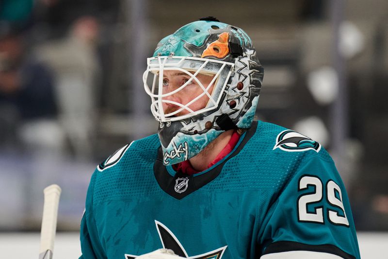 Apr 4, 2024; San Jose, California, USA; San Jose Sharks goaltender Mackenzie Blackwood (29) watches the play against the Los Angeles Kings during the first period at SAP Center at San Jose. Mandatory Credit: Robert Edwards-USA TODAY Sports