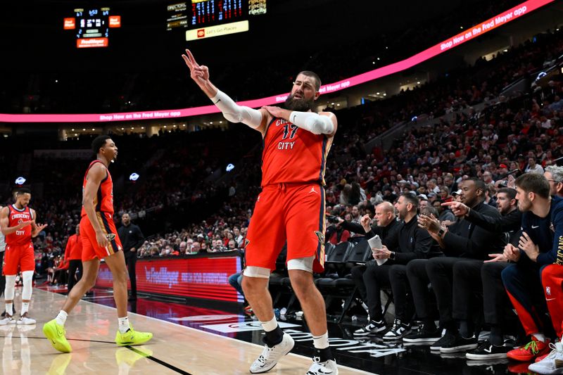 PORTLAND, OREGON - APRIL 09: Jonas Valanciunas #17 of the New Orleans Pelicans gestures after a foul is called on the Portland Trail Blazers during the third quarter of the game at the Moda Center on April 09, 2024 in Portland, Oregon. The New Orleans Pelicans won 110-100. NOTE TO USER: User expressly acknowledges and agrees that, by downloading and or using this photograph, User is consenting to the terms and conditions of the Getty Images License Agreement. (Photo by Alika Jenner/Getty Images)