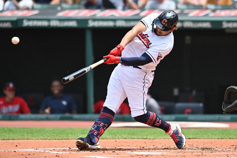 Jun 25, 2023; Cleveland, Ohio, USA; Cleveland Guardians first baseman Josh Naylor (22) hits a home run during the second inning against the Milwaukee Brewers at Progressive Field. Mandatory Credit: Ken Blaze-USA TODAY Sports