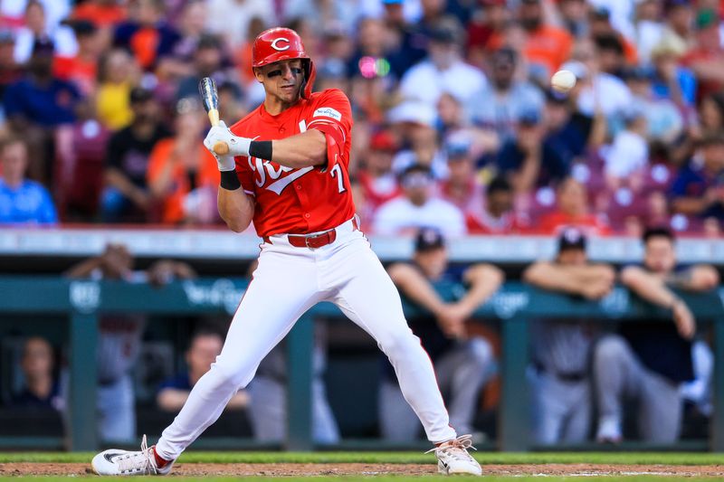 Sep 2, 2024; Cincinnati, Ohio, USA; Cincinnati Reds first baseman Spencer Steer (7) dodges a pitch in the eighth inning against the Houston Astros at Great American Ball Park. Mandatory Credit: Katie Stratman-USA TODAY Sports