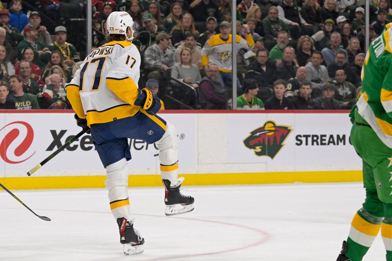 Mar 10, 2024; Saint Paul, Minnesota, USA;  Nashville Predators forward Mark Jankowski (17) celebrates his goal against the Minnesota Wild during the first period at Xcel Energy Center. Mandatory Credit: Nick Wosika-USA TODAY Sports
