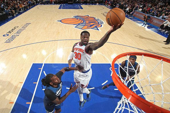 NEW YORK, NY - JANUARY 1: Julius Randle #30 of the New York Knicks drives to the basket during the game against the Minnesota Timberwolves on January 1, 2024 at Madison Square Garden in New York City, New York.  NOTE TO USER: User expressly acknowledges and agrees that, by downloading and or using this photograph, User is consenting to the terms and conditions of the Getty Images License Agreement. Mandatory Copyright Notice: Copyright 2024 NBAE  (Photo by Nathaniel S. Butler/NBAE via Getty Images)