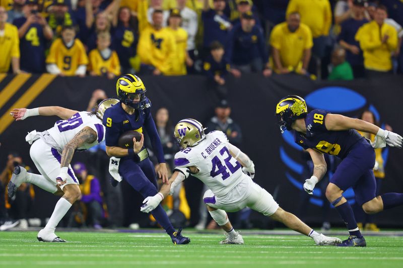 Jan 8, 2024; Houston, TX, USA; Michigan Wolverines quarterback J.J. McCarthy (9) runs with the ball against Washington Huskies linebacker Carson Bruener (42) during the third quarter in the 2024 College Football Playoff national championship game at NRG Stadium. Mandatory Credit: Mark J. Rebilas-USA TODAY Sports