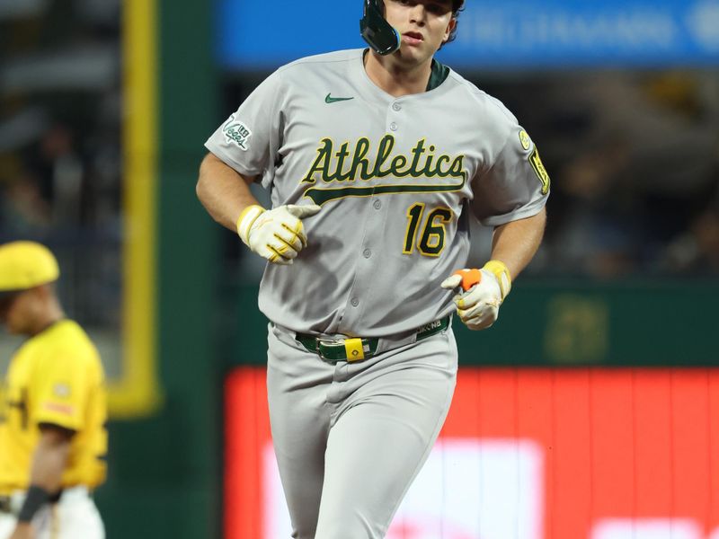 Sep 19, 2025; Pittsburgh, Pennsylvania, USA;  Athletics first baseman Nick Kurtz (16) circles the bases on a solo home run against the Pittsburgh Pirates during the fourth inning at PNC Park. Mandatory Credit: Charles LeClaire-Imagn Images