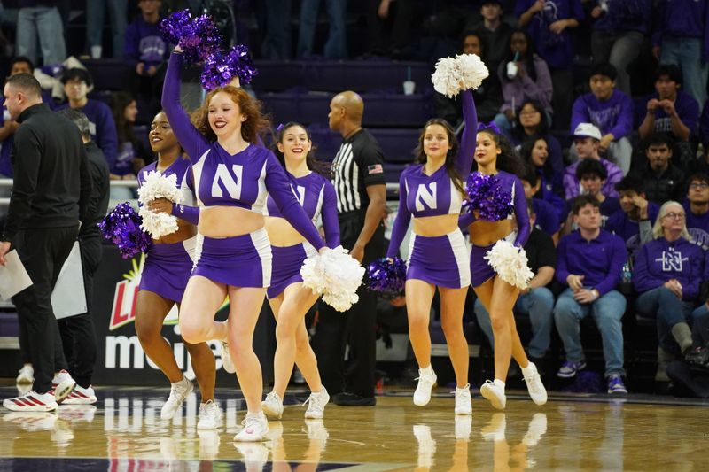 Jan 17, 2026; Evanston, Illinois, USA; Northwestern Wildcats cheerleaders during the first half at Welsh-Ryan Arena. Mandatory Credit: David Banks-Imagn Images