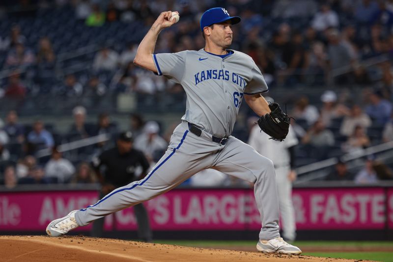 Sep 10, 2024; Bronx, New York, USA;  Kansas City Royals starting pitcher Seth Lugo (67) delivers a pitch during the first inning against the New York Yankees at Yankee Stadium. Mandatory Credit: Vincent Carchietta-Imagn Images