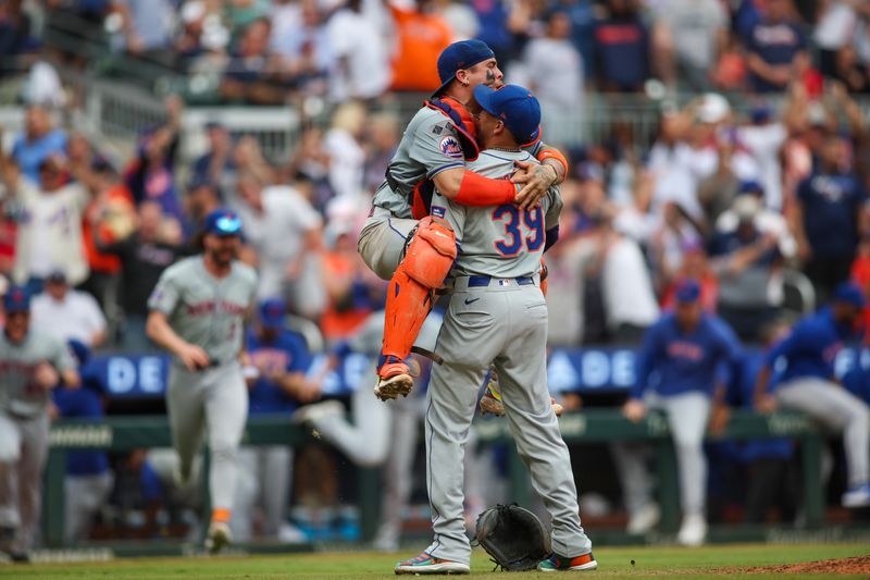 Sep 30, 2024; Atlanta, Georgia, USA; New York Mets catcher Francisco Alvarez (4) jumps onto relief pitcher Edwin Diaz (39) after a victory over the Atlanta Braves and clinching a wild card playoff birth at Truist Park. Mandatory Credit: Brett Davis-Imagn Images
