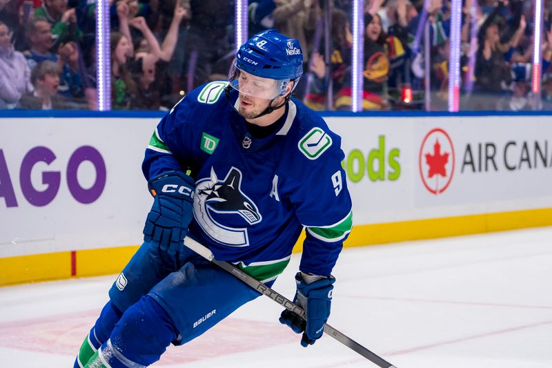 Apr 16, 2024; Vancouver, British Columbia, CAN; Vancouver Canucks forward J.T. Miller (9) celebrates his goal against the Calgary Flames in the third period at Rogers Arena. Canucks won 4 -1. Mandatory Credit: Bob Frid-USA TODAY Sports