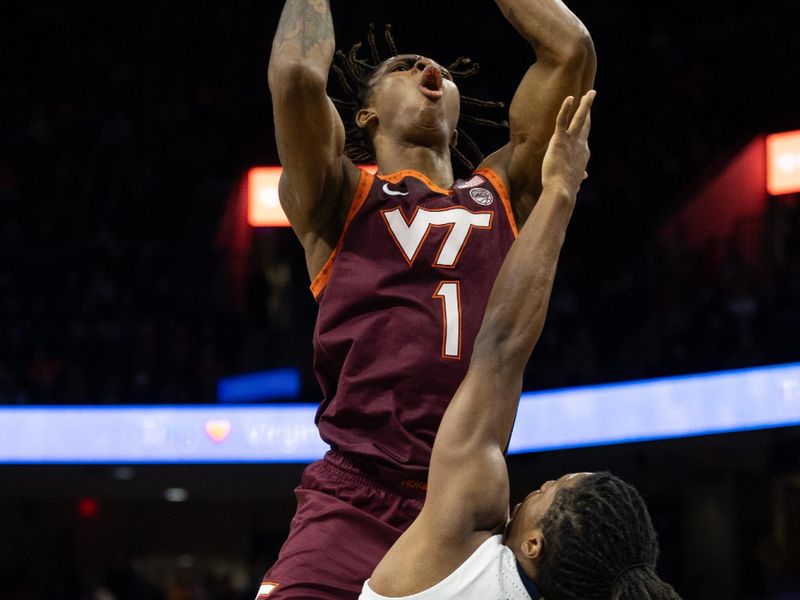 Feb 1, 2025; Charlottesville, Virginia, USA; Virginia Tech Hokies forward Tobi Lawal (1) shoots the ball over Virginia Cavaliers guard Dai Dai Ames (7) in the second half at John Paul Jones Arena. Mandatory Credit: Emily Morgan-Imagn Images