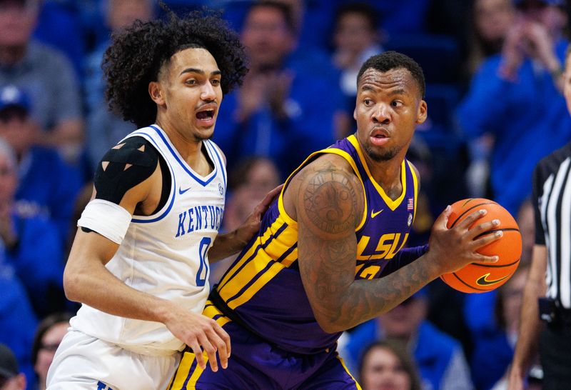 Jan 3, 2023; Lexington, Kentucky, USA; LSU Tigers forward KJ Williams (12) handles the ball during the second half against the Kentucky Wildcats at Rupp Arena at Central Bank Center. Mandatory Credit: Jordan Prather-USA TODAY Sports