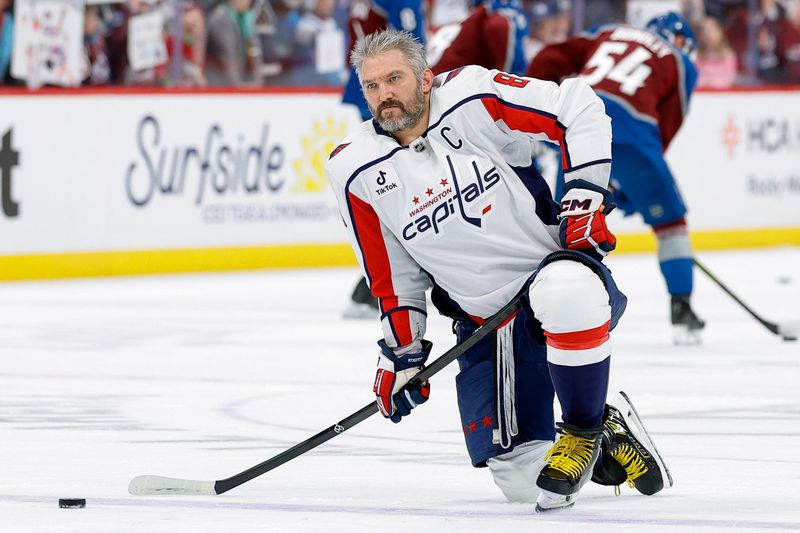 Jan 19, 2026; Denver, Colorado, USA; Washington Capitals left wing Alex Ovechkin (8) before the game against the Colorado Avalanche at Ball Arena. Mandatory Credit: Isaiah J. Downing-Imagn Images