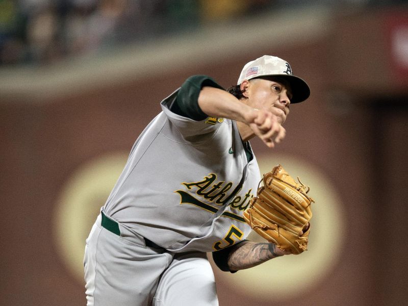 May 16, 2025; San Francisco, California, USA; Athletics pitcher Anthony Maldonado (56) delivers a pitch against the San Francisco Giants during the eighth inning at Oracle Park. Mandatory Credit: D. Ross Cameron-Imagn Images