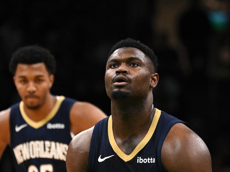 BOSTON, MASSACHUSETTS - JANUARY 29: Zion Williamson #1 of the New Orleans Pelicans attempts a free throw \C during the fourth quarter at the TD Garden on January 29, 2024 in Boston, Massachusetts. NOTE TO USER: User expressly acknowledges and agrees that, by downloading and or using this photograph, User is consenting to the terms and conditions of the Getty Images License Agreement. (Photo by Brian Fluharty/Getty Images)