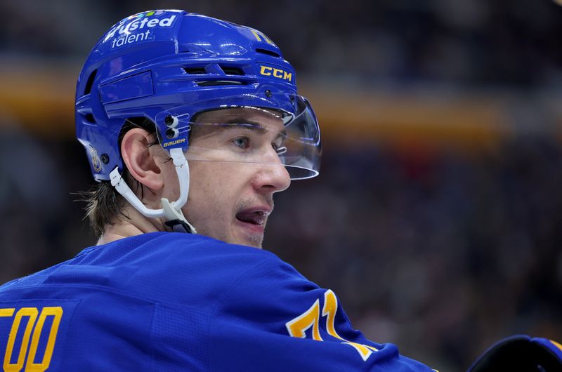 Jan 6, 2026; Buffalo, New York, USA;  Buffalo Sabres center Ryan McLeod (71) during a stoppage in play against the Vancouver Canucks at KeyBank Center. Mandatory Credit: Timothy T. Ludwig-Imagn Images