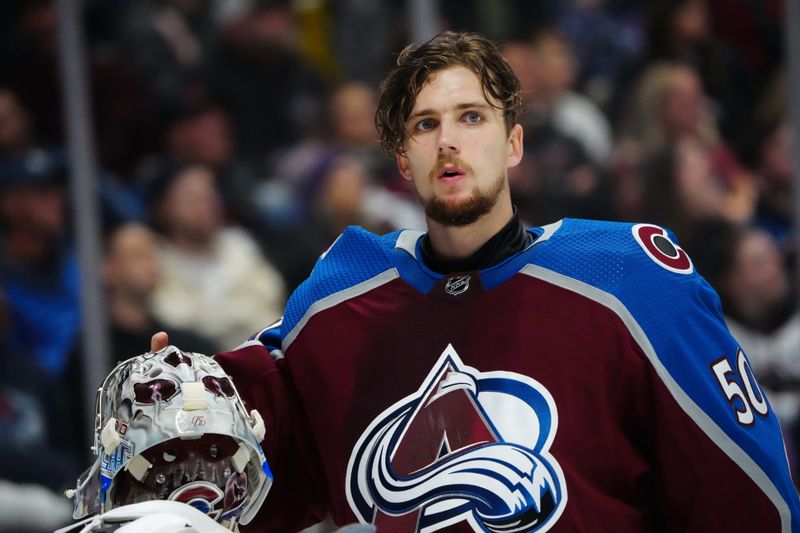 Dec 13, 2023; Denver, Colorado, USA; Colorado Avalanche goaltender Ivan Prosvetov (50) during the third period against the Buffalo Sabres at Ball Arena. Mandatory Credit: Ron Chenoy-USA TODAY Sports