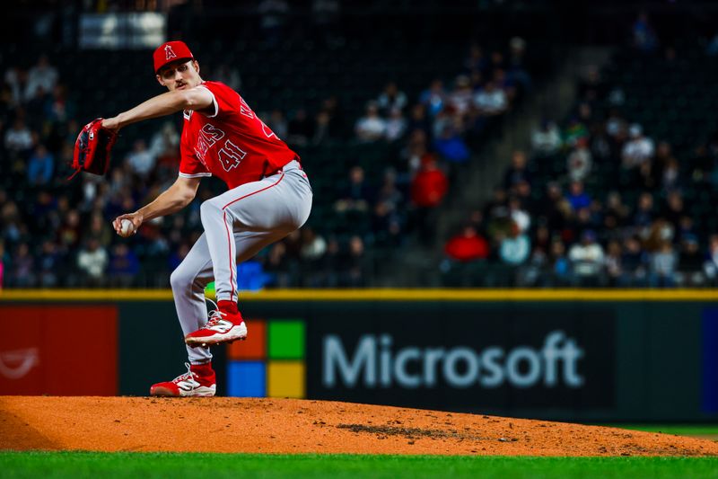 Apr 29, 2025; Seattle, Washington, USA; Los Angeles Angels starting pitcher Jack Kochanowicz (41) throws against the Seattle Mariners during the fourth inning at T-Mobile Park. Mandatory Credit: Joe Nicholson-Imagn Images