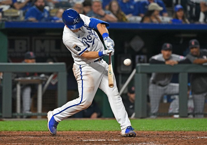 Sep 19, 2023; Kansas City, Missouri, USA; Kansas City Royals catcher Tyler Cropley (79) singles for his first Major League hit in the eighth inning against the Cleveland Guardians at Kauffman Stadium. Mandatory Credit: Peter Aiken-USA TODAY Sports