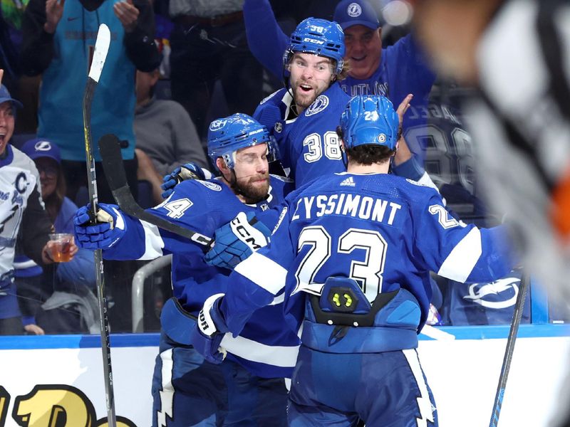 Jan 9, 2024; Tampa, Florida, USA; Tampa Bay Lightning left wing Brandon Hagel (38) celebrates after he scores a goal against the Los Angeles Kings during the third period at Amalie Arena. Mandatory Credit: Kim Klement Neitzel-USA TODAY Sports