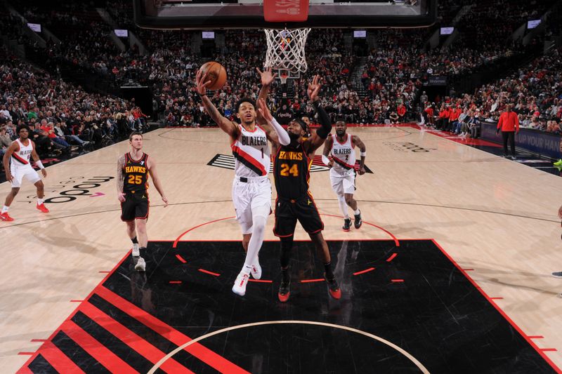 PORTLAND, OR - MARCH 13:  Anfernee Simons #1 of the Portland Trail Blazers goes to the basket during the game on March 13, 2024 at the Moda Center Arena in Portland, Oregon. NOTE TO USER: User expressly acknowledges and agrees that, by downloading and or using this photograph, user is consenting to the terms and conditions of the Getty Images License Agreement. Mandatory Copyright Notice: Copyright 2024 NBAE (Photo by Cameron Browne/NBAE via Getty Images)