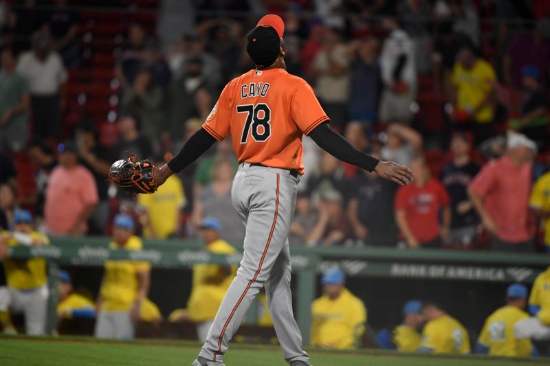 Sep 9, 2023; Boston, Massachusetts, USA;  Baltimore Orioles relief pitcher Yennier Cano (78) reacts after defeating the Boston Red Sox at Fenway Park. Mandatory Credit: Bob DeChiara-USA TODAY Sports