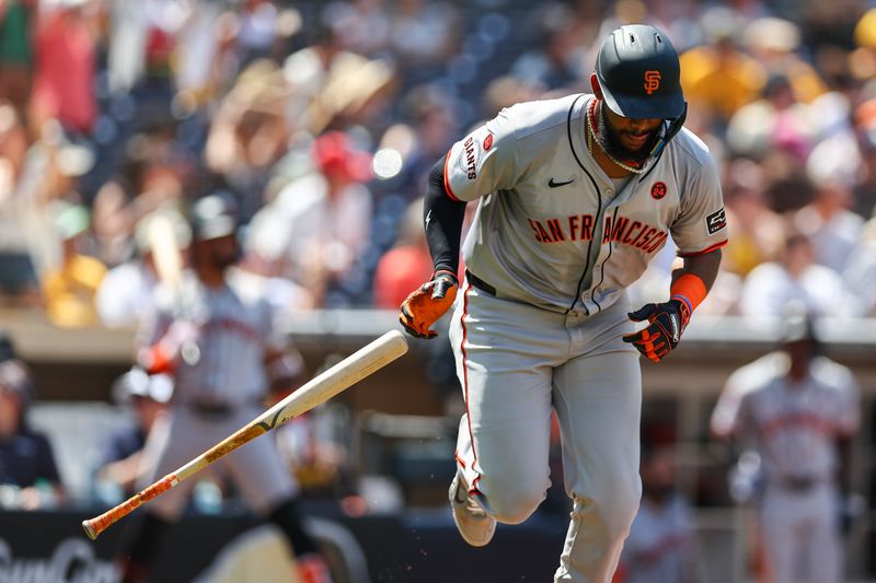 Sep 8, 2024; San Diego, California, USA; San Francisco Giants right fielder Jerar Encarnacion (59) hits a three run home run during the fourth inning against the San Diego Padres at Petco Park. Mandatory Credit: Chadd Cady-Imagn Images