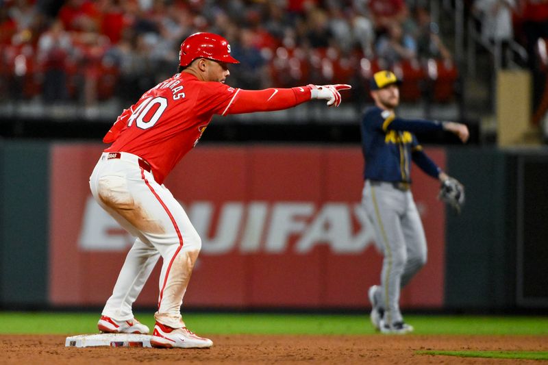 Apr 25, 2025; St. Louis, Missouri, USA;  St. Louis Cardinals first baseman Willson Contreras (40) reacts after hitting a double against the Milwaukee Brewers during the fifth inning at Busch Stadium. Mandatory Credit: Jeff Curry-Imagn Images