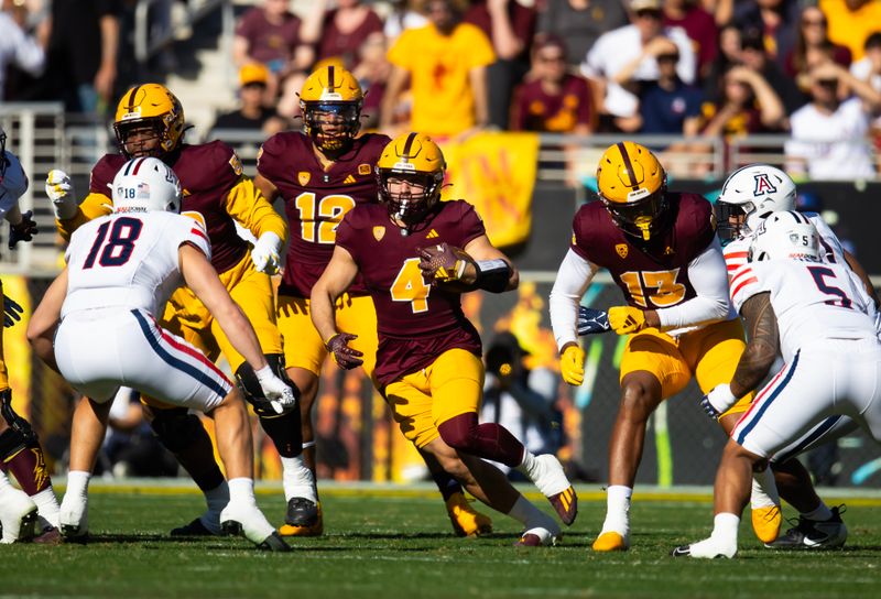 Nov 25, 2023; Tempe, Arizona, USA; Arizona State Sun Devils running back Cameron Skattebo (4) against the Arizona Wildcats in the first half of the Territorial Cup at Mountain America Stadium. Mandatory Credit: Mark J. Rebilas-USA TODAY Sports