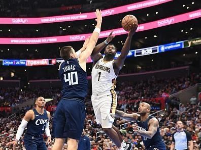 LOS ANGELES, CA - NOVEMBER 24: Zion Williamson #1 of the New Orleans Pelicans shoots the ball during the game against the LA Clippers during the In-Season Tournament on November 24, 2023 at Crypto.Com Arena in Los Angeles, California. NOTE TO USER: User expressly acknowledges and agrees that, by downloading and/or using this Photograph, user is consenting to the terms and conditions of the Getty Images License Agreement. Mandatory Copyright Notice: Copyright 2023 NBAE (Photo by Tyler Ross/NBAE via Getty Images)