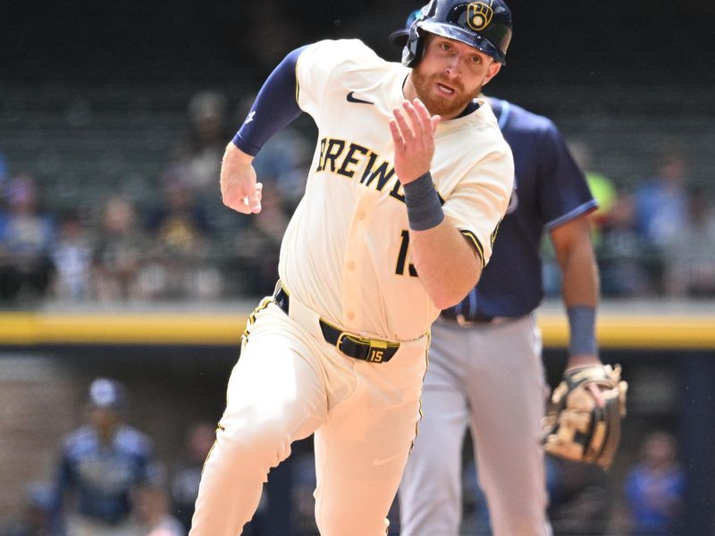 May 1, 2024; Milwaukee, Wisconsin, USA; Milwaukee Brewers third base Oliver Dunn (15) rounds second and scores against the Tampa Bay Rays in the third inning at American Family Field. Mandatory Credit: Michael McLoone-USA TODAY Sports