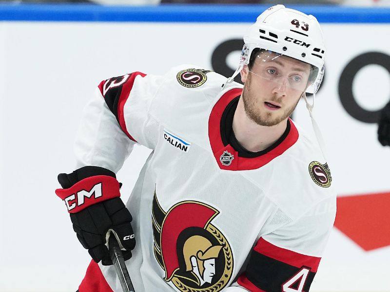 Apr 29, 2025; Toronto, Ontario, CAN; Ottawa Senators defenseman Tyler Kleven (43) skates during the warmup before game five of the first round of the 2025 Stanley Cup Playoffs against the Toronto Maple Leafs at Scotiabank Arena. Mandatory Credit: Nick Turchiaro-Imagn Images