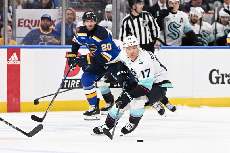 Apr 14, 2024; St. Louis, Missouri, USA; Seattle Kraken center Jaden Schwartz (17) skates against the St. Louis Blues during the first period at Enterprise Center. Mandatory Credit: Jeff Le-USA TODAY Sports