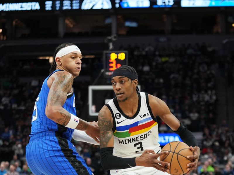 MINNEAPOLIS, MN -  FEBRUARY 3: Jaden McDaniels #3 of the Minnesota Timberwolves drives to the basket during the game against the Orlando Magic on February 3, 2023 at Target Center in Minneapolis, Minnesota. NOTE TO USER: User expressly acknowledges and agrees that, by downloading and or using this Photograph, user is consenting to the terms and conditions of the Getty Images License Agreement. Mandatory Copyright Notice: Copyright 2022 NBAE (Photo by Jordan Johnson/NBAE via Getty Images)