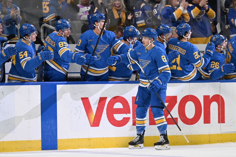Nov 8, 2025; St. Louis, Missouri, USA; St. Louis Blues left wing Dylan Holloway (81) is congratulated after scoring a goal against the Seattle Kraken in the first period at Enterprise Center. Mandatory Credit: Joe Puetz-Imagn Images