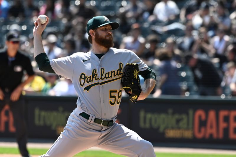 Aug 27, 2023; Chicago, Illinois, USA;  Oakland Athletics starting pitcher Paul Blackburn (58) delivers against the Chicago White Sox during the first inning at Guaranteed Rate Field. Mandatory Credit: Matt Marton-USA TODAY Sports