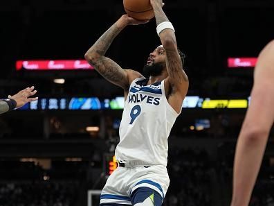 MINNEAPOLIS, MN -  NOVEMBER 30 :  Nickeil Alexander-Walker #9 of the Minnesota Timberwolves shoots the ball during the game against the Utah Jazz on November 30, 2023 at Target Center in Minneapolis, Minnesota. NOTE TO USER: User expressly acknowledges and agrees that, by downloading and or using this Photograph, user is consenting to the terms and conditions of the Getty Images License Agreement. Mandatory Copyright Notice: Copyright 2023 NBAE (Photo by Jordan Johnson/NBAE via Getty Images)