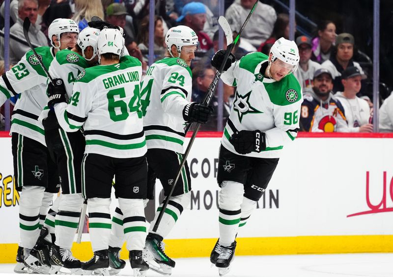 May 1, 2025; Denver, Colorado, USA; Dallas Stars right wing Mikko Rantanen (96) celebrates his goal ahead goal in the second period against the Colorado Avalanche in game six of the first round of the 2025 Stanley Cup Playoffs at Ball Arena. Mandatory Credit: Ron Chenoy-Imagn Images